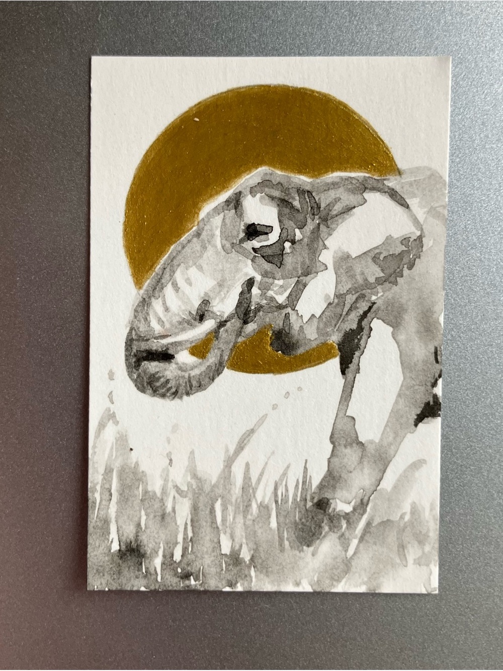 Original elephant painting Africa art miniature realism sunset sumi-e style USA